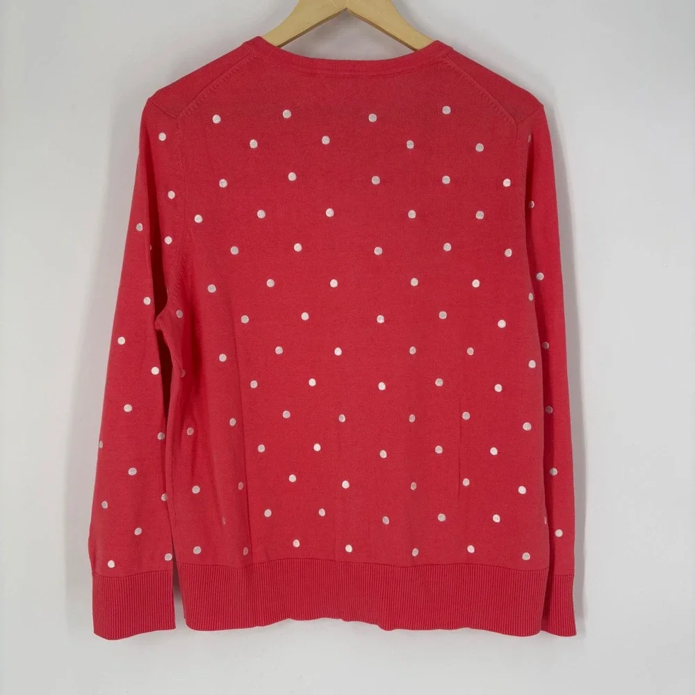 Charter Club Womens XL Preppy Coral Polka Dot Cardigan Sweater Fine Gauge New - Picture 2 of 7